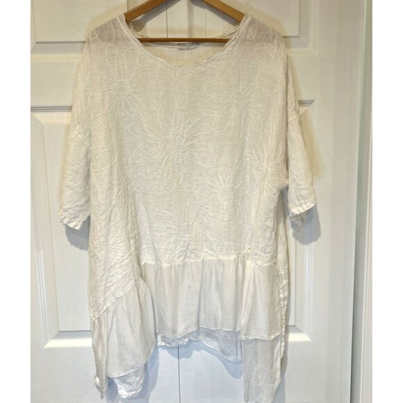 Made In Italy Womens Top O/S White Linen Silk Ruffle Embroidered‎ Asymmetrical - Picture 9 of 9
